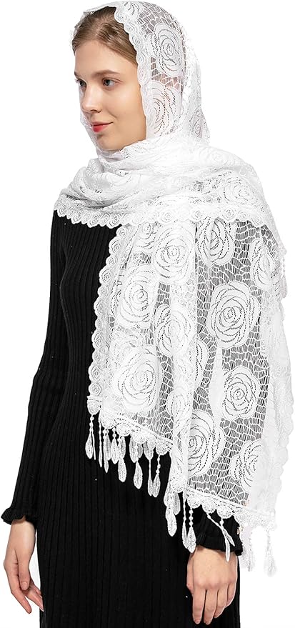 Wgior Rose Rectangular Chapel Veil Scarf Catholic Church Veils Mantilla Wrap Shawl Mass Head Covering