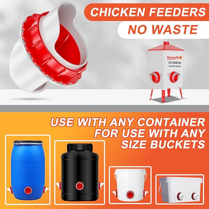 DIY Chicken Feeders No Waste, 8 Ports Poultry Feeder with Hole Saw for Buckets Troughs Red