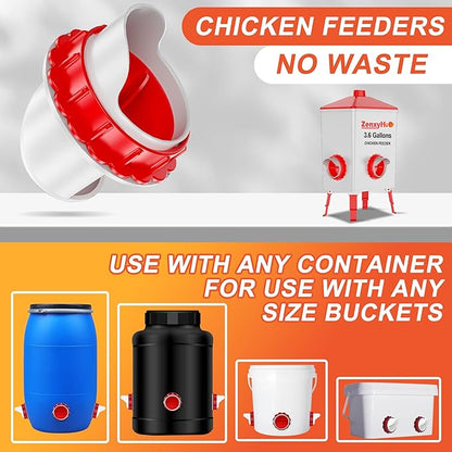 DIY Chicken Feeders No Waste, 8 Ports Poultry Feeder with Hole Saw for Buckets Troughs Red
