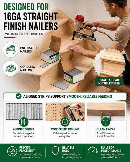 meite 16 Gauge Finish Nails 2-1/2 Inch Galvanized Straight Finish Nails for Pneumatic Cordless Finish Nailer Gun, Small T-Head Trim Nails for Baseboard Crown Molding Cabinet Casing, 1 Box/2500PCS