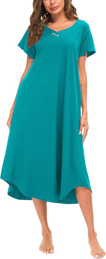 YOZLY Nightgowns for Women Short Sleeve Long Night Gowns Soft V Neck Sleepwear with Pockets