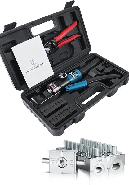 AMZCNC Hydraulic Crimping Tool Kit - with 9 US Standard Copper Cable Dies (12AWG to 20AWG) and 8 Copper Cable Dies (12AWG to 20AWG) and 18" Stainless Steel Cable Dies