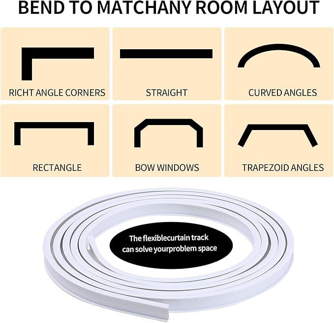 Flexible Bendable Ceiling Curtain Track, 5m (16.4ft), Ceiling Mount, for Curtain Track with Track Curtain System, RV Curtain Spacer, Curtain Ceiling Track, white