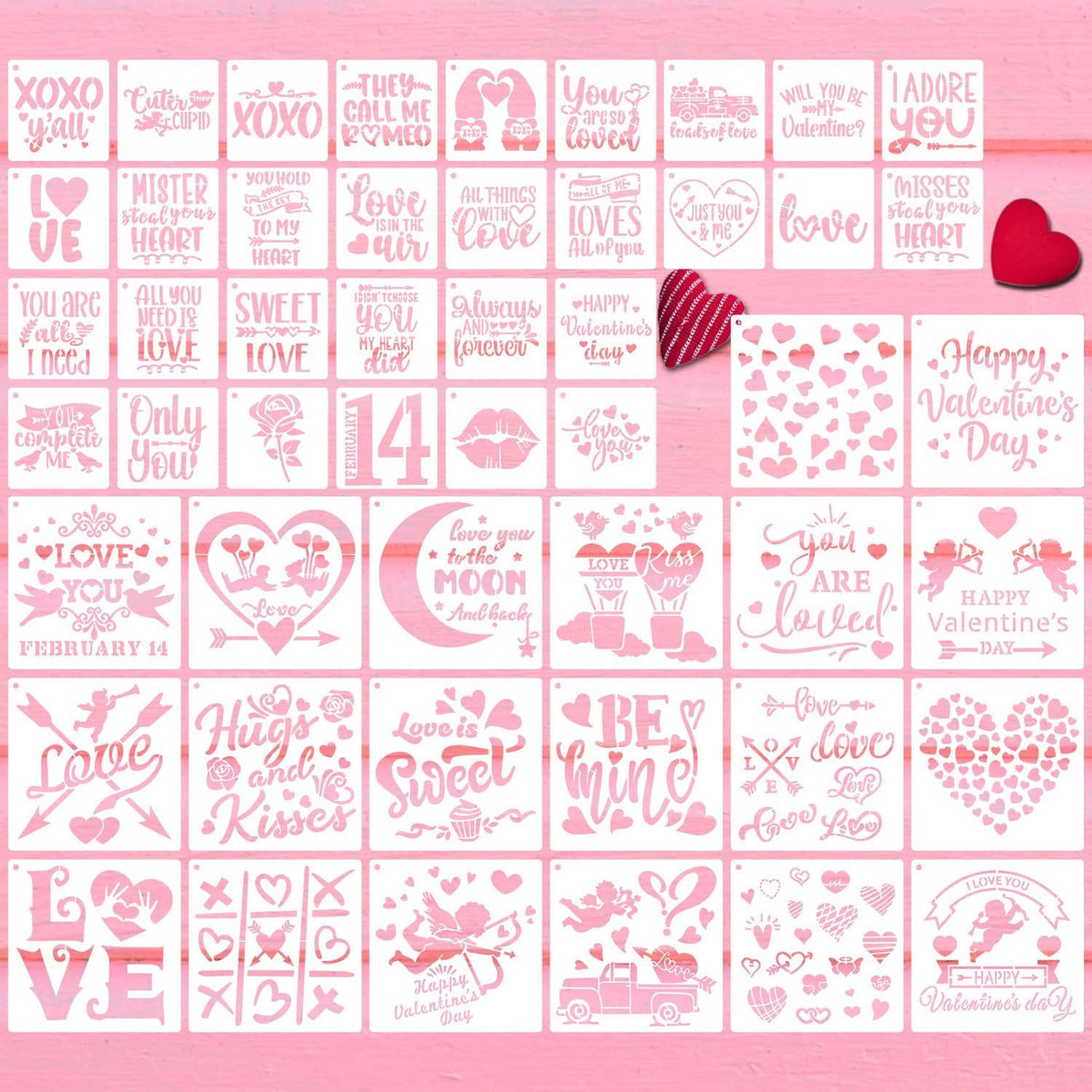 56 Pieces Valentine Stencils for Painting on Wood, Reusable Heart Love Valentines Stencil Templates for Happy Valentine Ornaments Envelopes DIY Crafts Supplies