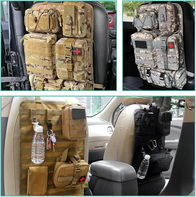 Car Seat Back Organizer, Tactical MOLLE Sag Proof Vehicle Panel Backseat Cover Protector, Universal Molle Nylon Storage Bag Seat Back Hanger Pad for Car Truck SUV Pickup (Camouflage CP)