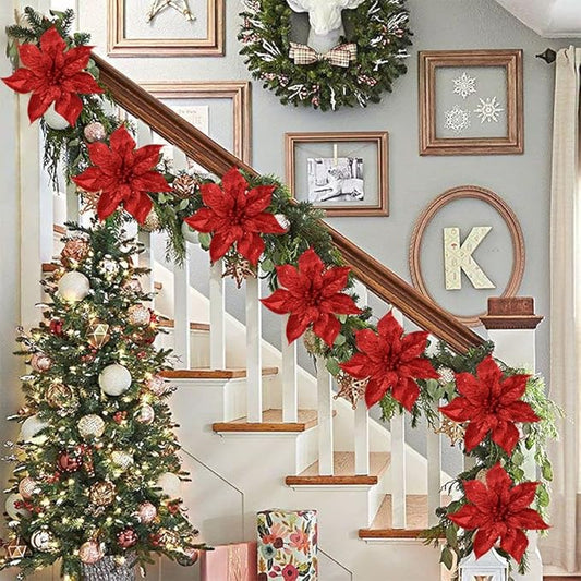 Briful 9'' Christmas Poinsettia Flowers 8PCS Red Glitter Artificial Flowers Large Christmas Ornament Flowers for Xmas Tree Wreath Garland Decoration