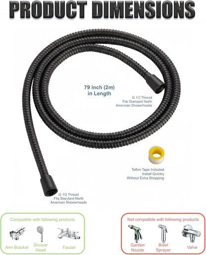 79 inches Kinkless Matte Black Flexible Stainless Steel Shower Hose - Replacement for Handheld Showerhead Hose (Matte Black)