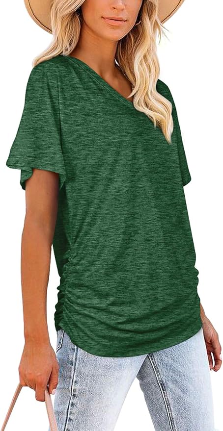 WIHOLL Womens Short Sleeve V Neck Dolman Tops with Side Shirring Loose Fit Shirts
