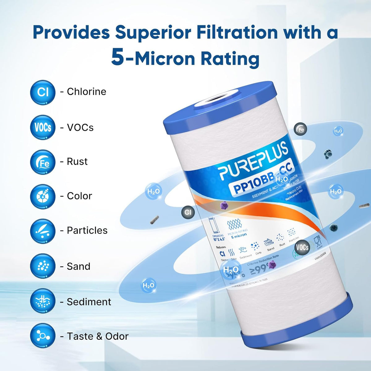 (1PC) PUREPLUS 5 Micron 10" x 4.5" Whole House Sediment and Carbon Water Filter Replacement Cartridge for GE FXHTC, GXWH40L, GXWH35F, GNWH38S, Culligan RFC-BBSA, WRC25HD, PP10BB-CC, Pentek RFC-BB