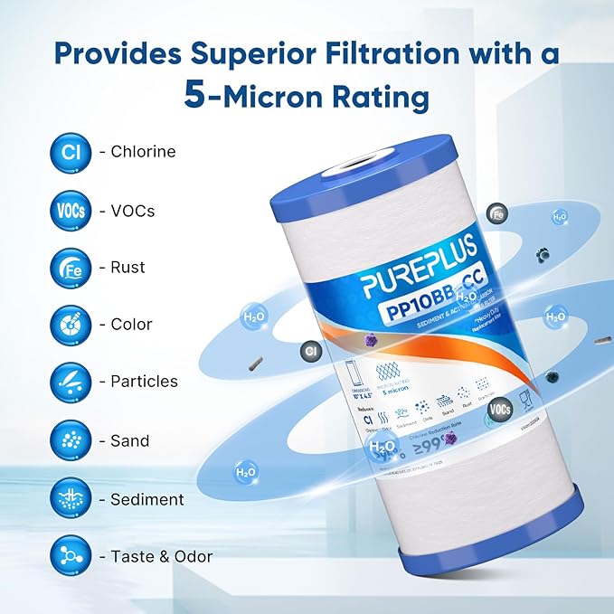 PUREPLUS 5 Micron 10" x 4.5" Whole House Sediment and Carbon Water Filter Replacement Cartridge for GE FXHTC, GXWH40L, GXWH35F, GNWH38S, Culligan RFC-BBSA, WRC25HD, PP10BB-CC, Pentek RFC-BB, 1Pack