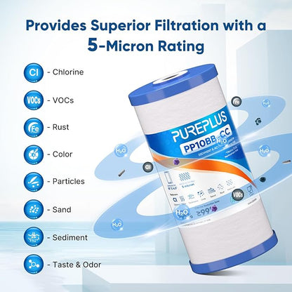 PUREPLUS 5 Micron 10" x 4.5" Whole House Sediment and Carbon Water Filter Replacement Cartridge for GE FXHTC, GXWH40L, GXWH35F, GNWH38S, Culligan RFC-BBSA, WRC25HD, PP10BB-CC, Pentek RFC-BB, 1Pack