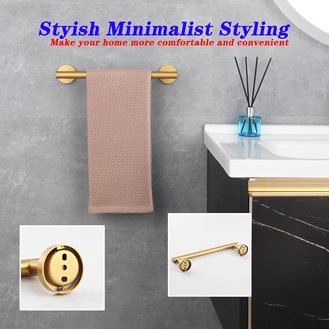 GERZWY 12-Inch Bathroom Towel Bar Modern Round Style Gold Stainless Steel Hand Towel Holder Wall Mount AG1101C30.5-BE