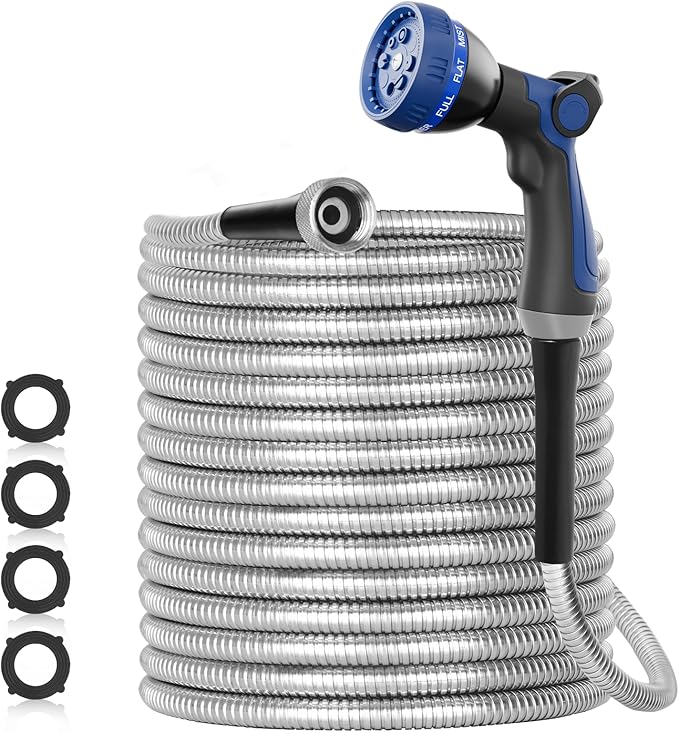 50ft 304 Stainless Steel Garden Hose Metal, Heavy Duty Water Pipe with Nozzles for Yard, Outdoor - Flexible, Never Kink & Tangle, Puncture Resistant (Sliver)