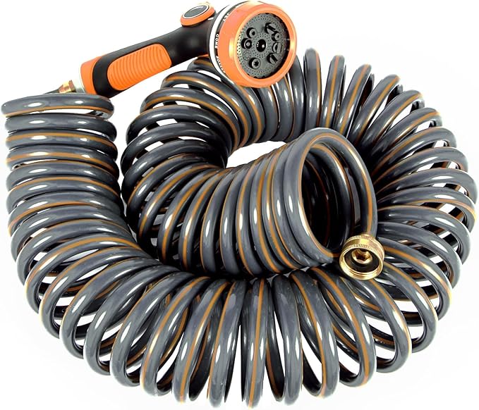 25ft Flexible Garden Hose, Spiral Water Hose, Lightweight and Kink-Free, with 34 Inch Brass Connector, 10 Pattern Nozzle (Orange Grey)