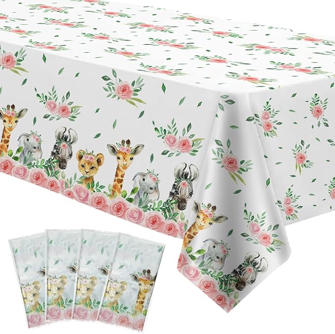 Safari Tablecloth for Girls - Disposable Jungle Party Tablecover Supplies, Jungle Animal Safari Theme Birthday Baby Shower Table Cloth Decorations - 4 Pack (54in x 108in)