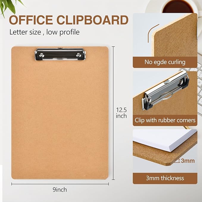 Happyhapi 10 Pack 9" x 12.5" Wooden Hardboard Clipboards with Low Profile Clip, A4 Clip Boards for Office, Home, Classroom