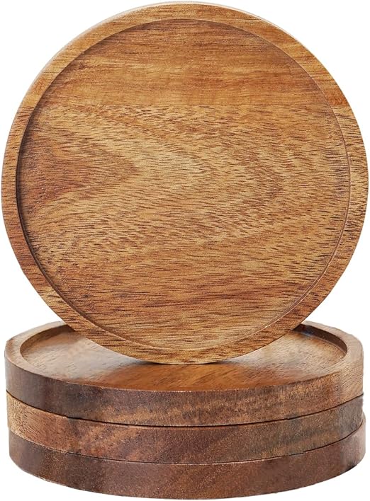 Acacia Wood Coasters with Lip for Drinks Round Coasters Set of 4, MDTARVF Beer Coaster Decor Beverage Cup Coasters Modern Bar Coasters Gift Best Coffee Table Coasters