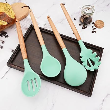 1pc Green Silicone Slotted Spoons Cooking Large Serving Spoon, Heat Resistant Cooking Utensils for Kitchen Cooking Baking Stirring Mixing Tools