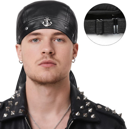 Leather Skull Cap - Adjustable Black Biker Skull Cap, Motorcycle Leather Hat Doo Rag Bandana