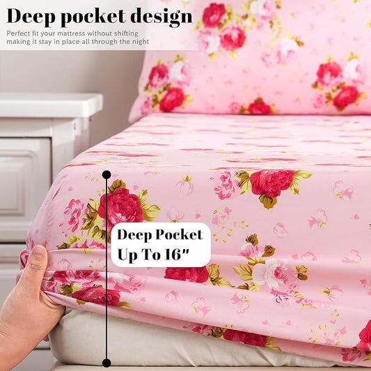 Bedlifes Full Size Sheet Sets Ultra Soft Breathable Silky Flower Bed Sheets Deep Pocket 100 Microfiber Bedding Sheets 4 Piece Full Size Pink Floral(Red Rose)