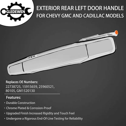Exterior Chrome Door Handle Rear Left Driver Side  for 2007-2013 Chevy Silverado Suburban Tahoe Avalanche, GMC Sierra Yukon, Cadillac Escalade  Replaces 22738725, 15915659, 25960521, 80105