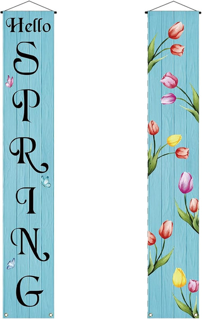 Tulips Spring Porch Banner Spring Party Sign Front Door Banner for Home Yard Indoor Outdoor Hanging Decoration