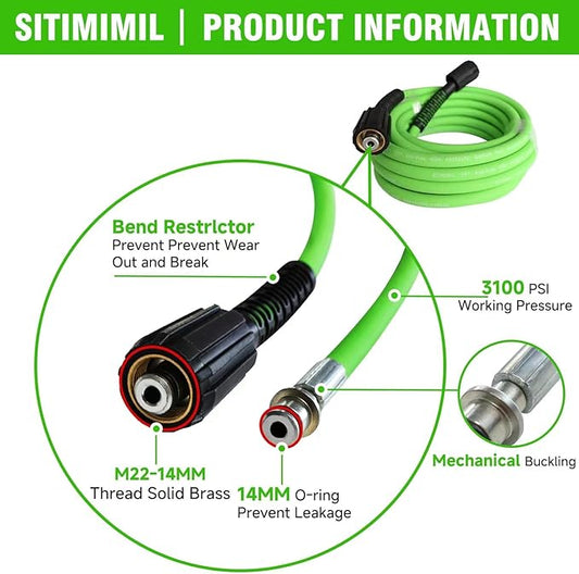 14 Pressure Washer Hose 25 FT, 3100 PSI Kink Resistant Super Flexible Power Washer Hose for Pressure Washer, Universal Extension Hoses Replacement for Gas  Electric, Compatible with M22 14mm