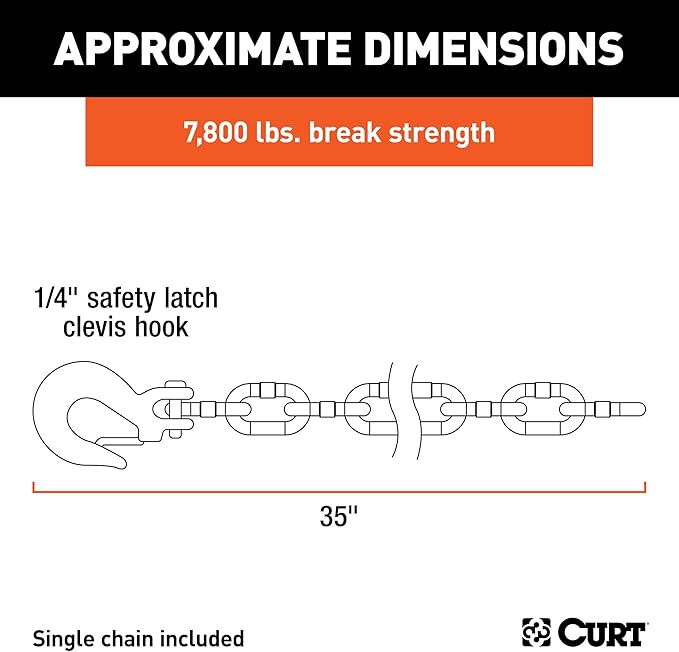 CURT 80302 35-Inch Trailer Safety Chain with 14-Inch Fork Snap Hook, 7,800 lbs. Breaking Strength