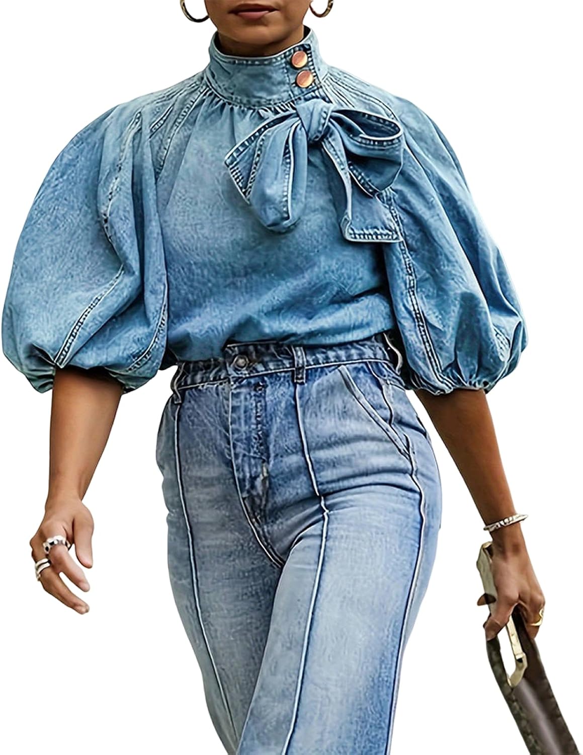 Rothstone Women's Bow Design Denim Pullover Top Button Up High Neck Fashionable Jacket With Elastic And Puff Sleeves.