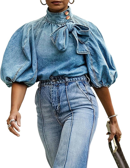 Rothstone Women's Bow Design Denim Pullover Top Button Up High Neck Fashionable Jacket With Elastic And Puff Sleeves.