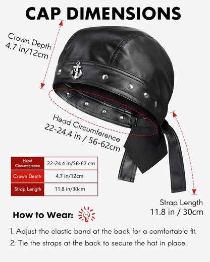 Leather Skull Cap - Adjustable Black Biker Skull Cap, Motorcycle Leather Hat Doo Rag Bandana