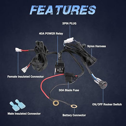 Wiring Harness 2 Lead, Fastchoy Auto 12v Nylon LED Light Bar Wiring Harness Kit for Fog Lights LED Pods Light Bars with 40A Relay Fuse Rocker Switch Automotive Wire Harness Kit for Truck UTV ATV