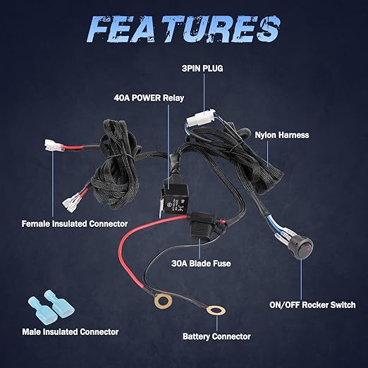 Wiring Harness 2 Lead, Fastchoy Auto 12v Nylon LED Light Bar Wiring Harness Kit for Fog Lights LED Pods Light Bars with 40A Relay Fuse Rocker Switch Automotive Wire Harness Kit for Truck UTV ATV