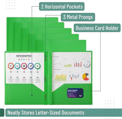 Mr. Pen- Plastic Folders with Pockets and Prongs, 5 Pack, Green, Pocket Folders, Folders with Prongs, File Folders with Fasteners, 2 Pocket Folder, Folder with Pockets, Two Pocket Folder