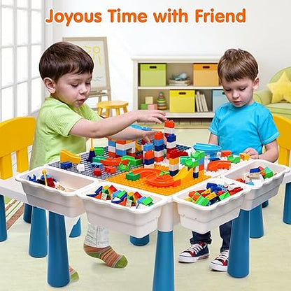 arscniek 7 in 1 Kids Activity Table and Chair Set with 152Pcs Large Marble Run Building Blocks, SandWater Table, Toddler Learning Play Table Toys for Girls Boys Toddler Age 3-7
