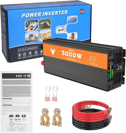 Power Inverter 3000 Watt, Car/Outdoor 12V DC to 110V AC Converter, with LED Display, Dual AC Outlets, USB Port, Dual Smart Fans, Cables Included, Suitable for RV, Outdoor, Camping, Boat, Emergency