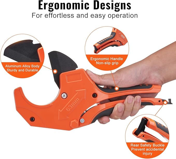 VEVOR PVC Pipe Cutter, Up to 2-12" O.D. Ratchet Pipe Cutter Heavy Duty, Professional Tube Cutting Tool with SK5 Steel Blade  Ergonomic Handle, Uses for PVC, CPVC, PP-R, PEX, PE, Rubber Hose