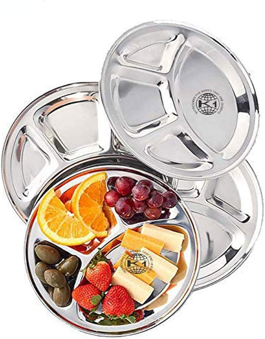 King International Stainless Steel 4 in 1 Four Compartment Divided Dinner Plate, Stainless Steel Plate, Mess Trays Great for Camping, Trays Great for Camping Kids Lunch (Divided Plate Set of 4)