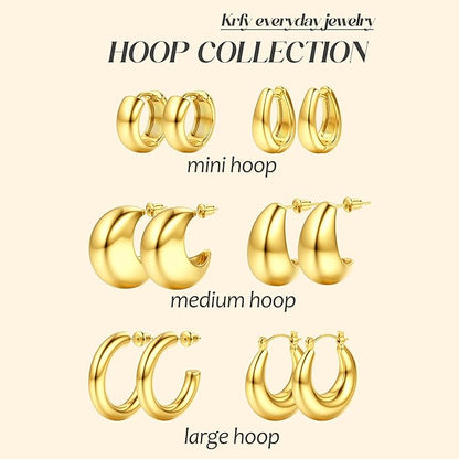 Gold Hoops Earrings for Women - 925 Sterling Silver Post, 14K Gold Plated Small Chunky Hypoallergenic Hoop Earrings, Thick Lightweight Huggie Earrings Jewelry