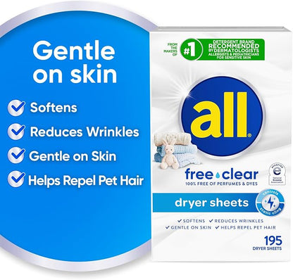 all free clear Fabric Softener Dryer Sheets for Sensitive Skin, 195 Count Dye free, dermatologist tested, fragrance free, controls static cling, reduces wrinkles, HE compatible