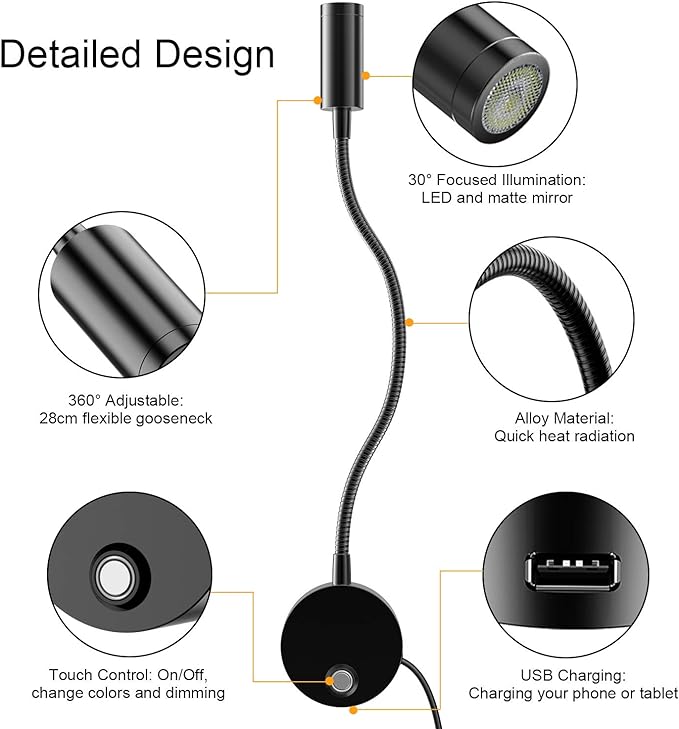 ERAY Plug-in LED Wall Mount Reading Light with 15" Flexible Gooseneck  USB Charging Port Dimmable Focused Bedside Reading Lights Black-1 Pack