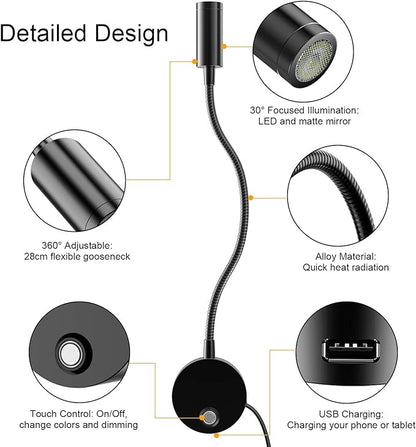 ERAY Plug-in LED Wall Mount Reading Light with 15" Flexible Gooseneck  USB Charging Port Dimmable Focused Bedside Reading Lights Black-1 Pack