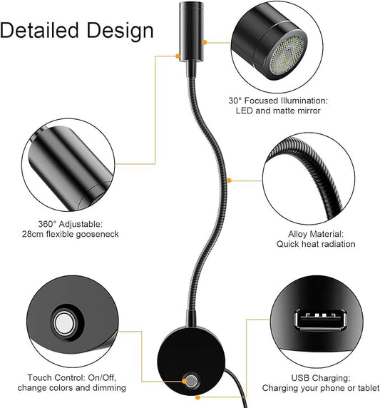 ERAY Plug-in LED Wall Mount Reading Light with 15" Flexible Gooseneck  USB Charging Port Dimmable Focused Bedside Reading Lights Black-1 Pack