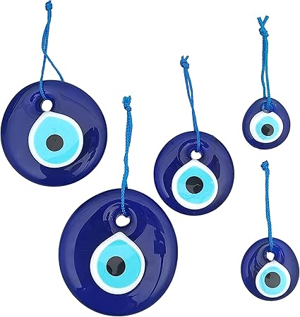 Blue Evil Eye Hanging Ornament Set of 5 - Turkish Glass Nazar Home Protection Charm - Wall Decor for Housewarming, Blessing, Wedding  Engagement