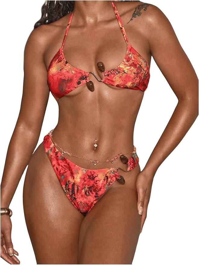 MakeMeChic Women's Bikini Sets Floral Tie Dye Halter Tie Back Summer Beach Swimsuit
