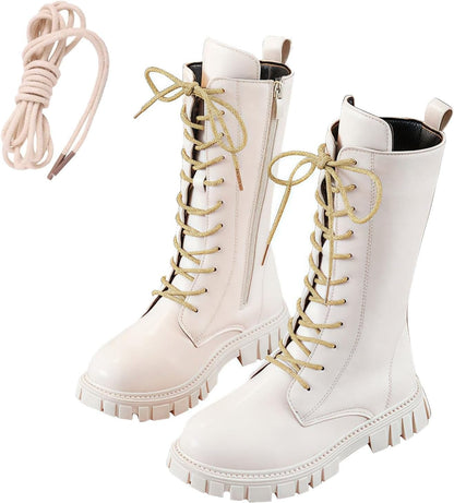 Girls Boots Knee High Zip Up Lace Up Outdoor Booties Winter Fashion Long Leather Boot for Little Kid Big Kid