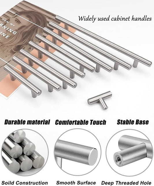 Gobrico Satin Nickel Cabinet Handles10 Pack Solid Stainless Steel Brushed Nickel T Bar Drawer Pulls for Kitchen Hardware5 inch Hole Centers