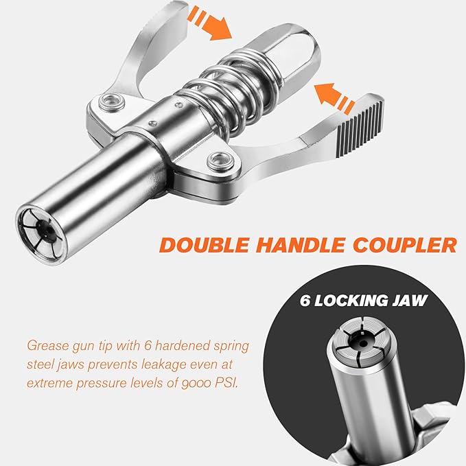 Grease Gun with Quick Release Coupler, 9000 PSI Professional Heavy Duty 14 oz Pistol Grip Grease Gun with 18 Inch Spring Flex Hose, 1 Extension Rigid Pipe and1 Sharp Nozzle Included