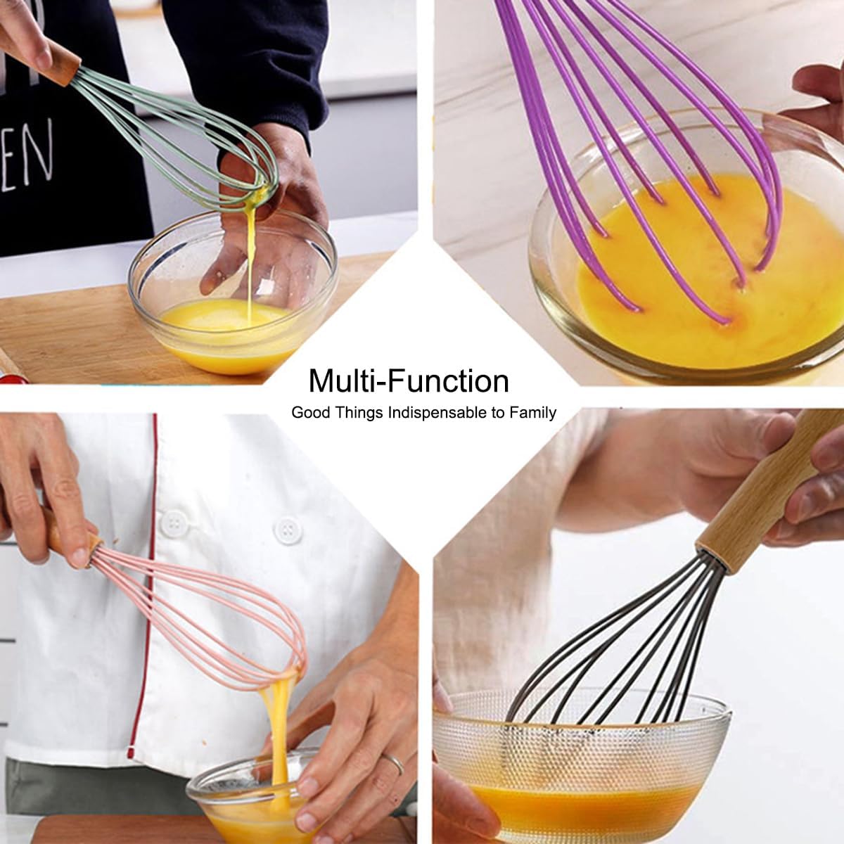Carote 1-Piece Khaki Silicone Whisk with Wooden Handle BRIIEC 10-inch Non Stick Balloon Whisk Egg Beater for Pancake Batter, Eggs and Egg Whites, Cake Mix, Blending, Gravy and Sauces