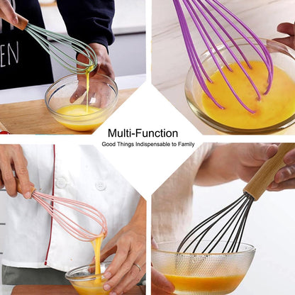 Carote 1-Piece Khaki Silicone Whisk with Wooden Handle BRIIEC 10-inch Non Stick Balloon Whisk Egg Beater for Pancake Batter, Eggs and Egg Whites, Cake Mix, Blending, Gravy and Sauces